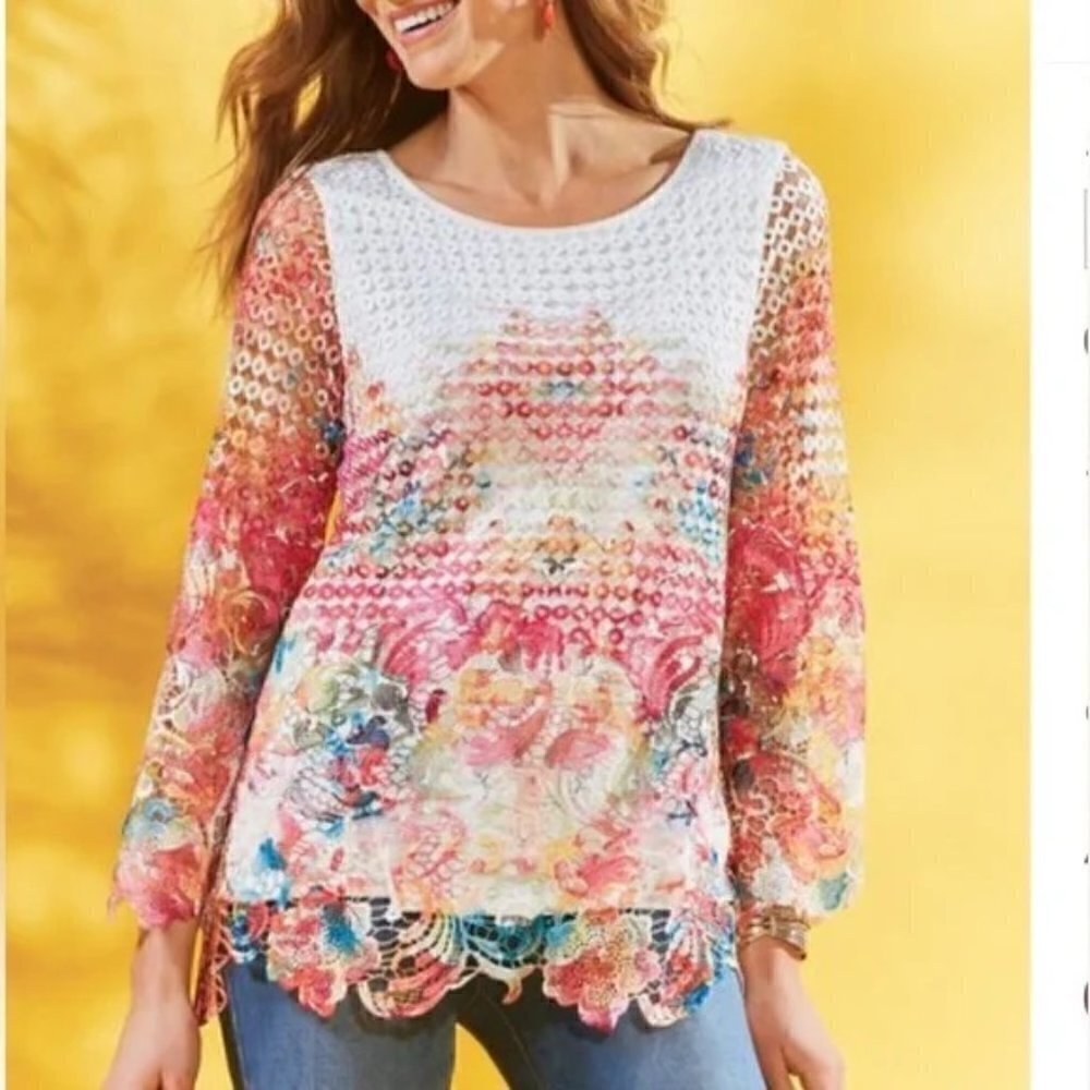 Soft Surroundings Multicolor Floral Crochet Tunic Top